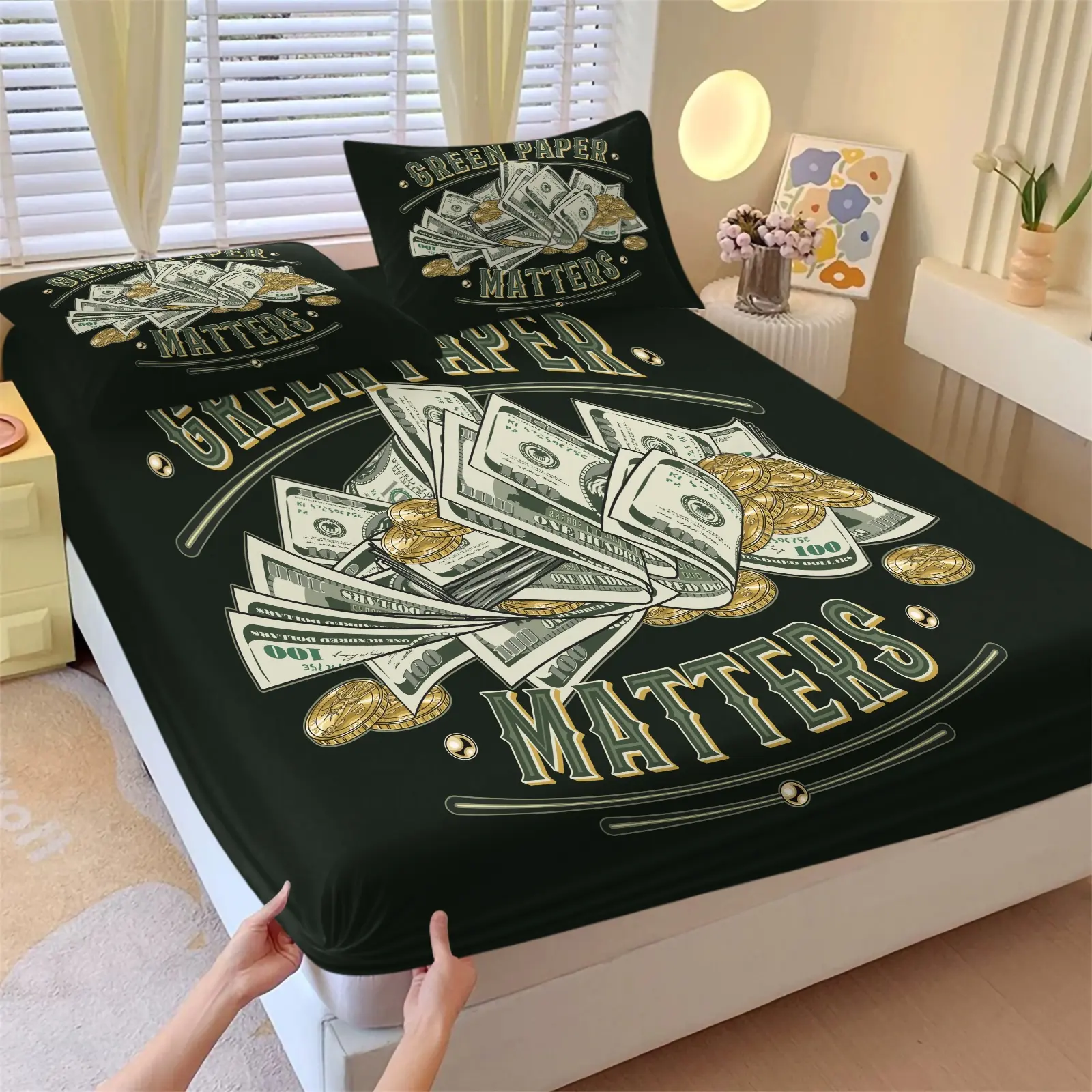 "Money Rules" Themed Bedding Set — Fun Dollar Bill & Coin Print Fitted Sheet and Pillowcase Set | Vintage Bedroom Decor — Breathable & Skin-Friendly Bed Linens (1 Fitted Sheet + 2 Pillowcases)