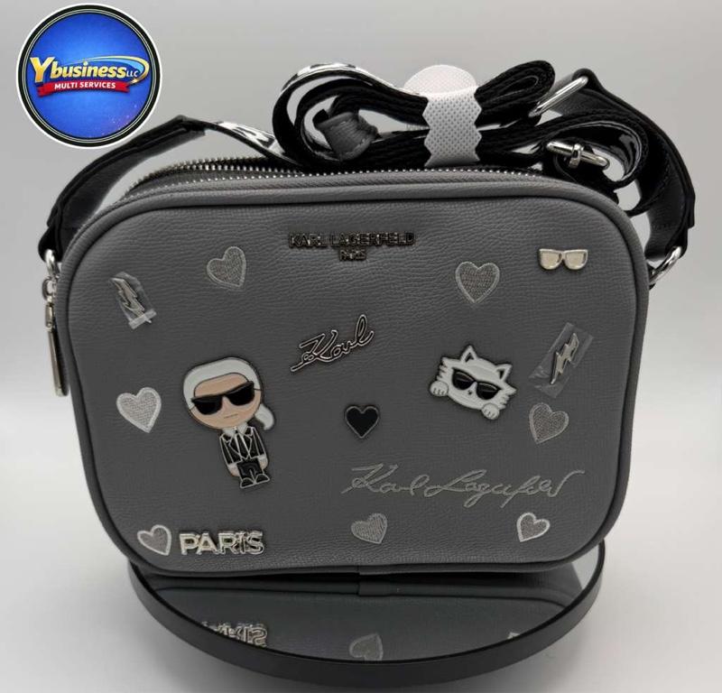 Karl Lagerfeld Grey Crossbody Bag - Luxury Cosmetic Bag with Unique Design and Colorful Pattern for Travel