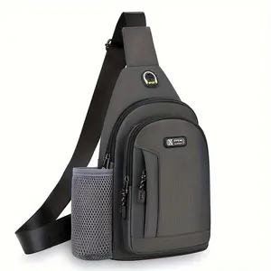 Men's casual Oxford cloth crossbody chest bag with water bottle holder - multifunctional outdoor sports bag, stylish crossbody shoulder bag with stitching details, zippered anti-theft pocket, suitable for daily commuting and travel, adjustable strap women