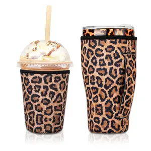 2 PCS Reusable Iced Coffee Sleeve for 24oz Cold Drinks Beverage,Insulated Neoprene Cup Holder with Handle for 30oz-32oz Tumbler Cup, Donuts, Coffee(Leopard)