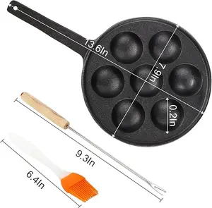 Cast Iron Aebleskiver Pan, 2" Ebelskiver Pan Banh Khot Griddle, 7 Hole NonStick Appam Maker Pan, Half Sphere Appe Maker with Turn Sticks and Brush for Baking Cooking