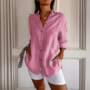 Women's Lapel Long-Sleeve Single-Breasted Pleated Blouse Shirt Top