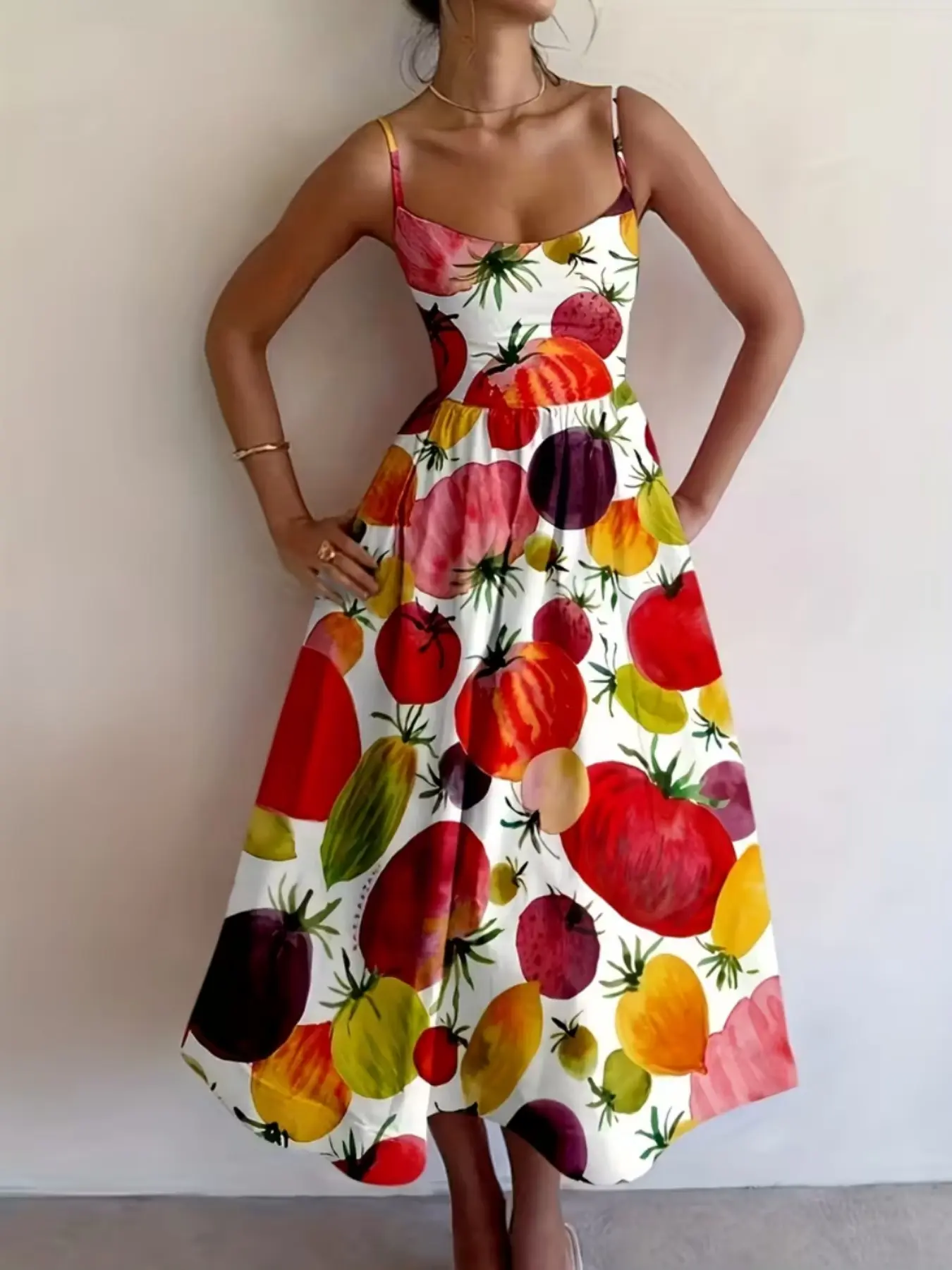Women's Long Fruit Print Flowy Swing Dress, Thin Strap Beach Summer Dress,  Backless Halter Dress, Casual Summer, Fitted, Casual Wear - TikTok Shop