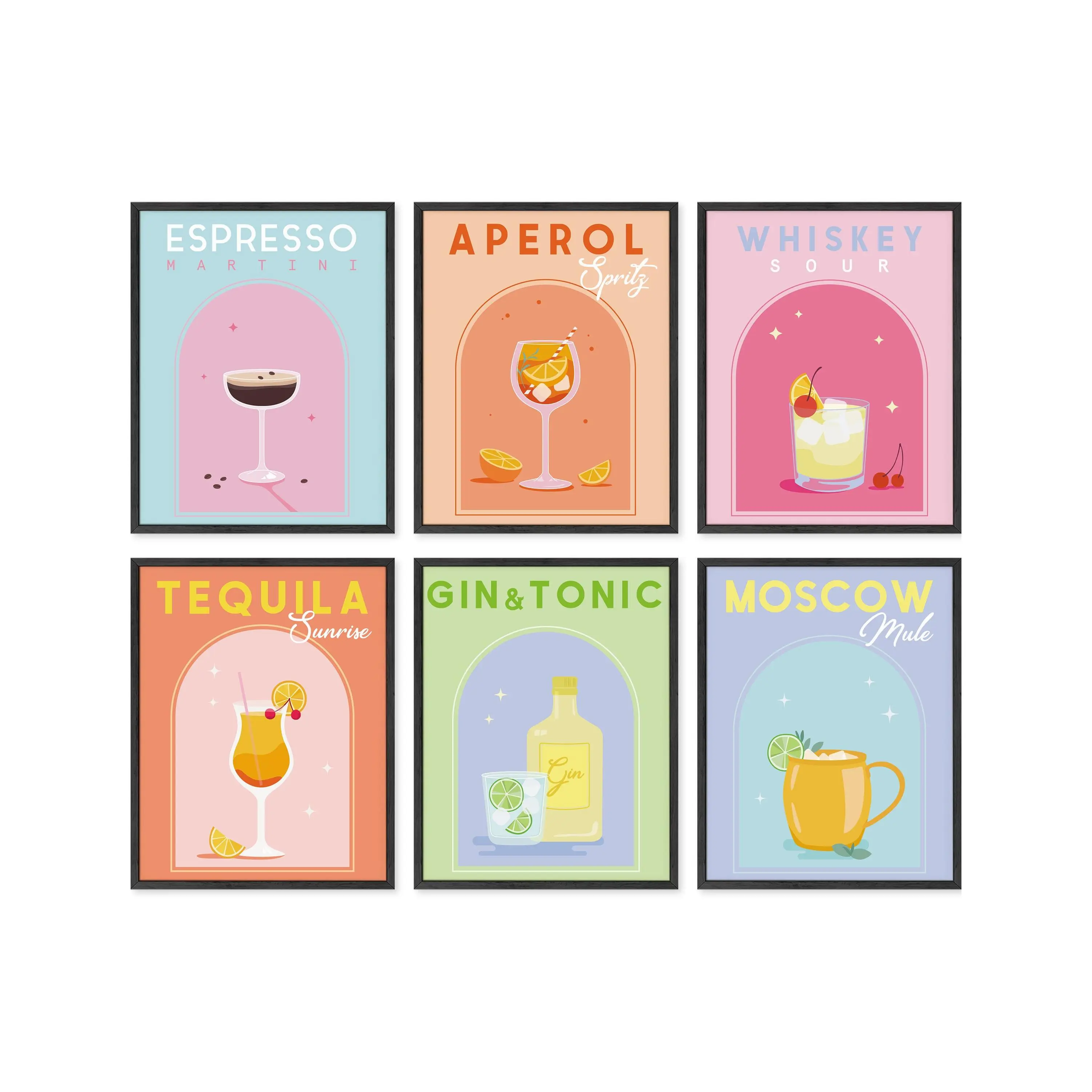 Rainbow Cocktails Poster Set of 6 - Artistic Wall Decor Print for Room Aesthetic and Vibe