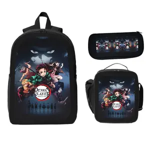 Demon Slayer Messenger Bookbag: 3-Pcs Anime Set  Work Tote Bag + Makeup Pouch - Water Hashira Design backpack set Cute Girls Backpack and Lunch Set