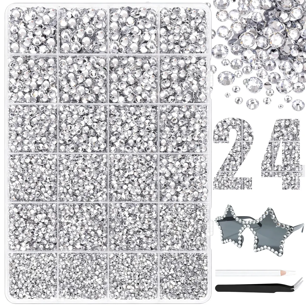 34000Pcs Resin Rhinestones for Bedazzling, Silver Clear Flatback Gems for Diamond Art, Crystal Bedazzler Kit withGifted Tools for Nail Art Crafting Clothing Book Makeup
