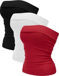 Womens 3PK Tube Tops Off Shoulder Seamless Ribbed Strapless Sleeveless Side Ruched Slim Fitted Summer Going Out Top