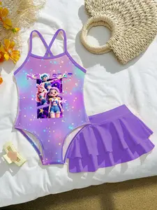 Girls' Kpop Fashion Cartoon Swimwear Set, Soft Comfortable Fabric, Sleeveless One-Piece Swimsuit & Short Skirt, Summer Beach Play