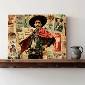 2D Flat Vibrant Mexican Cowboy Art Print - 8x12 Inch Wooden Frame Canvas Wall Decor, Retro Western Poster for Living Room, Bedroom, Bathroom - Ideal for Home Office Kitchen Decor, Kitchen Wall Art | Retro Western Theme | Wooden Frame Canvas, Western Home