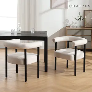 CHAIRUS Mid-Century Modern Dining Chairs Set of 2, Armrest Barrel Dining Chairs, Farmhouse Dining Chair with Black Wood legs, Side Accent Chairs with Curved Back, Linen Upholstered Armchairs for Kitchen,Dining Room, Beige