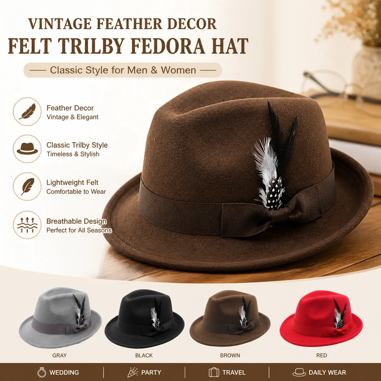 Vintage Feather Decor Felt Trilby Fedora Hat For Men Women, Bow Ribbon Band Short Curved Brim Lightweight Panama Style Jazz Hat For Wedding Party Daily Travel
