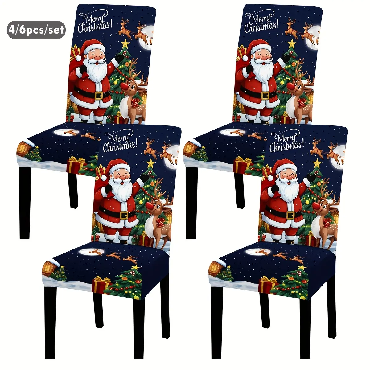 Navy Blue Stretch Parsons Chair Slipcovers Set of 4, Santa & Flying Sleigh Night-Scene Printed, Machine Washable Christmas Holiday Home Decor Chair Covers