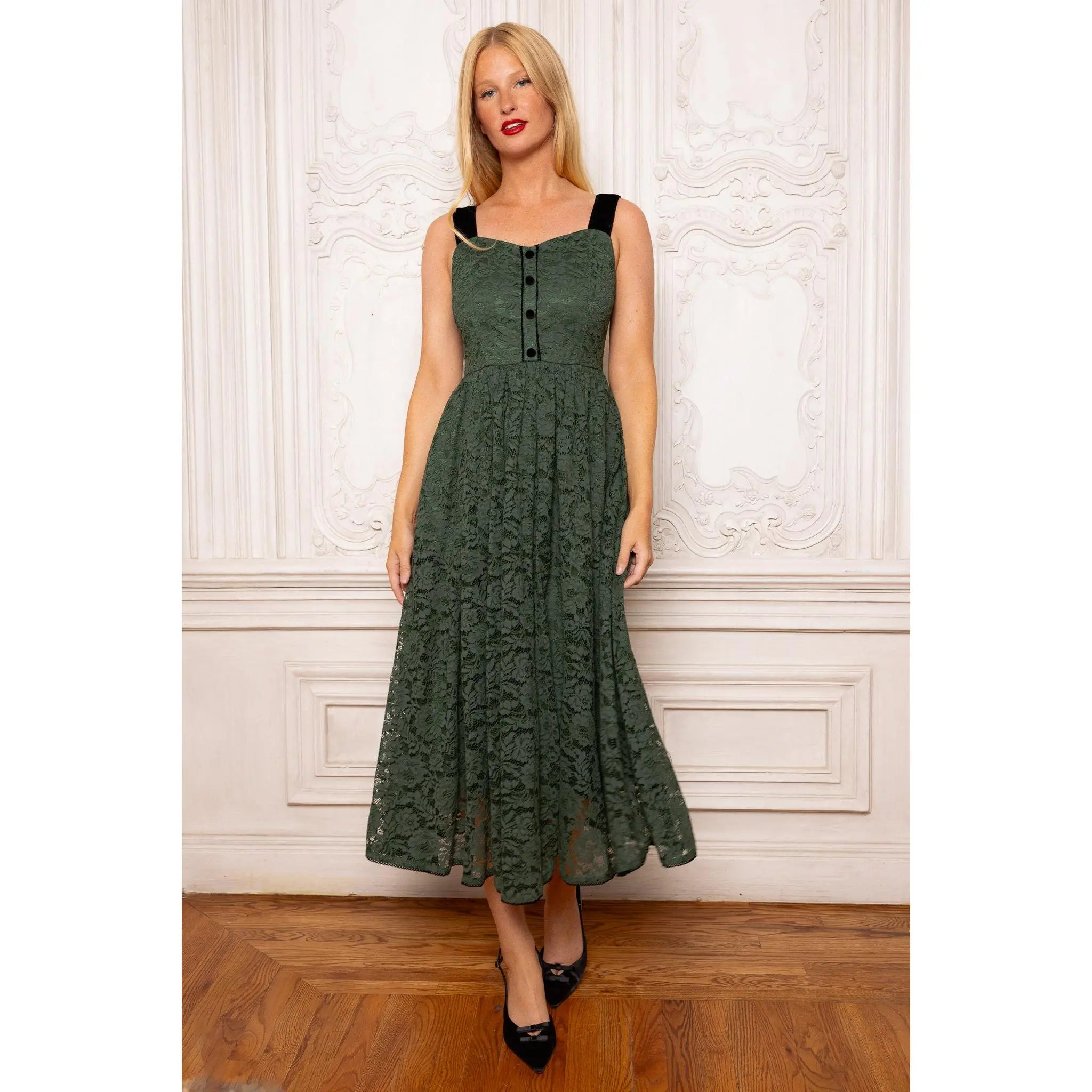 Penny Tank Midi Dress in Green Lace
