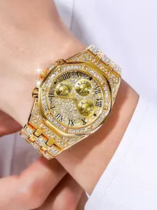 Men's Punk Style Rhinestone Decorated Round Dial Quartz Watch, Exaggerated Trendy Wristwatch, Fashionable Watch for Men for Daily Use As Gift Without Box, Quartz Analog Watch, Fashionable Stylish Watch
