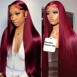 32 Inch Burgundy Lace Wig Blended Human Hair 13x4 Transparent Lace Straight 99J Red Wig Pre Plucked Colored Reddish Brown Lace Frontal Wigs 200% Density