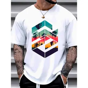 Sunset on The Beach Printed Pattern Men's Casual Crew-Neck T-Shirt 100% Knit Fabric Medium Stretch Summer Short-Sleeved Top Stylish And Versatile Menswear Tshirt