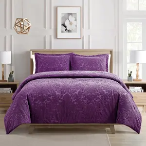 Jacquard Comforter Set,  Jacquard  and Brushed Solid Microfiber Reverse, with Light Weight Soft Poly Fill, 3 count Purple,