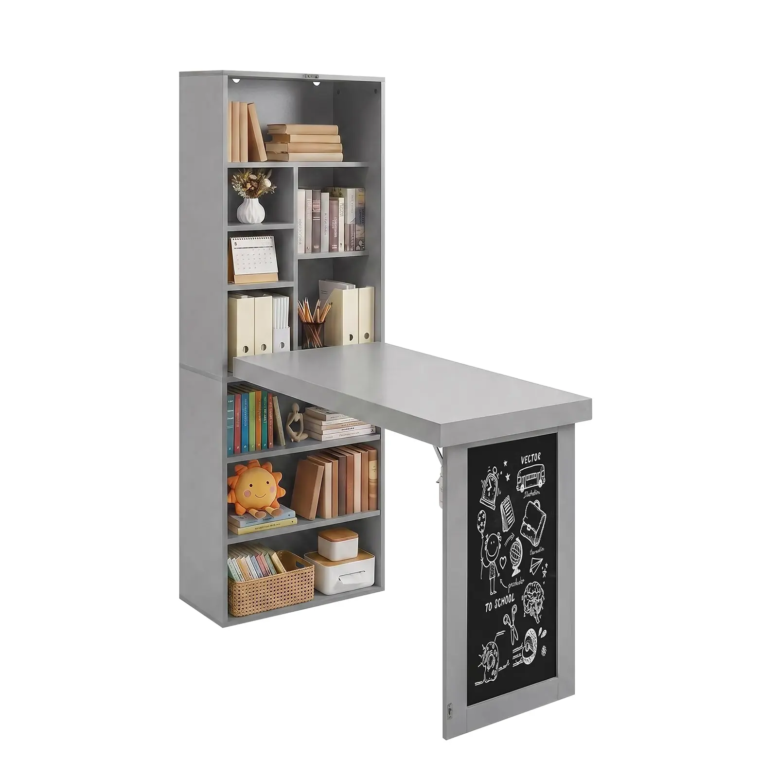 Wall-Mounted Fold-Out Writing Desk with Chalkboard and Storage Shelves, MDF, Grey, 60.27" H x 20" D x 9.84" W, for Small Spaces, Home Office, Craft Room