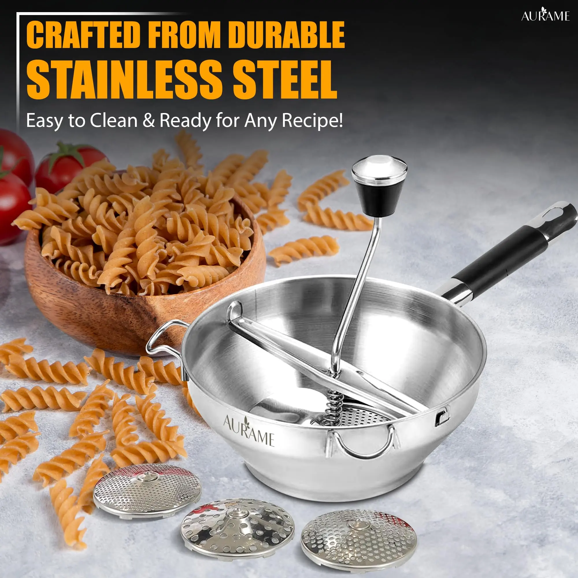 AURAME Premium Stainless Steel Food Mill with Handles - Large Bowl, 3 Interchangeable Discs - Effortless Pureeing, Straining, Grinding - Durable, Easy-to-Clean Kitchen Utensil for Family Cooking, Soups