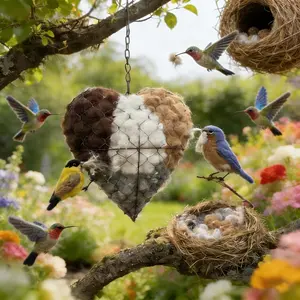 1 Handmade Bird's Nest Heart | Refillable Metal Heart with Bird's Nest Material, Wall-Mounted, Rustic Style, Suitable for Hummingbirds and Small Birds, Outdoor Patio Artwork