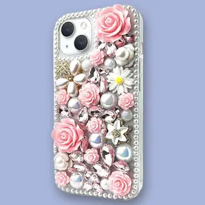 Handmade Graceful Pink Garden Pearl Bling Cellphone Case - Durable Casing, Mobile Phone Accessories for iPhone 16,15,14,13,12,11 Plus, Pro Max Smartphones