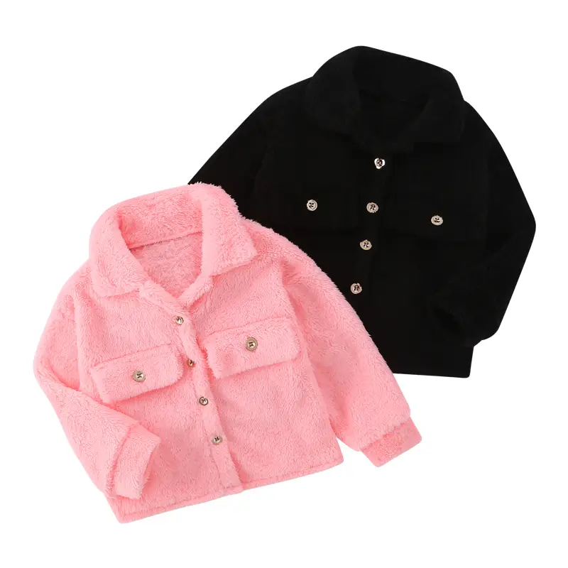 2-piece girls winter new European and American fashion lapels thick coat children's fashion Joker polar fleece warm solid color winter coat Outerwear Coats