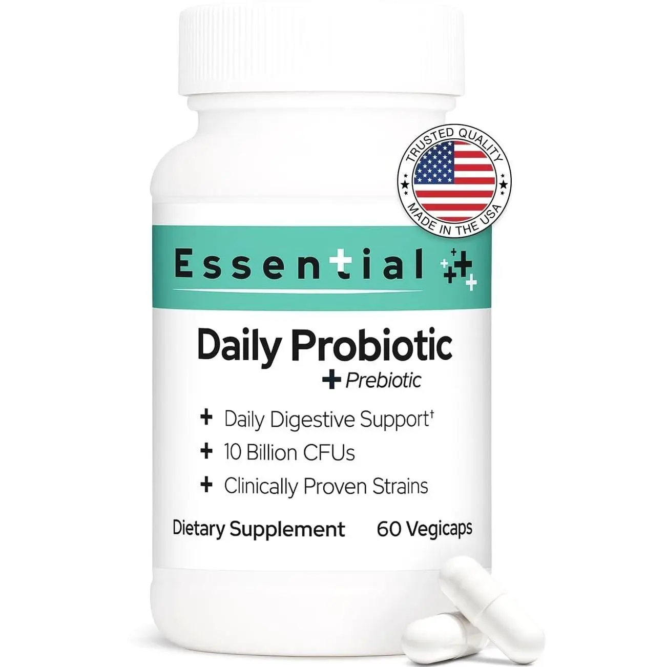 Brookfield Pharmaceuticals Essential Daily Probiotic for Men and Women 10 Billion CFU, 60 Vegicaps Men Probiotics for Digestive Health with Prebiotics & 2 Strains, Probiotic Supplement for Gut Health