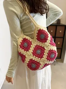 2026 Summer New Boho Floral Cut Out Tool Bag, Handmade Crochet Shoulder Tote, Large Capacity Beach Vacation Bag, All Seasons Polyester Fiber, Fashionable Hobo Bag