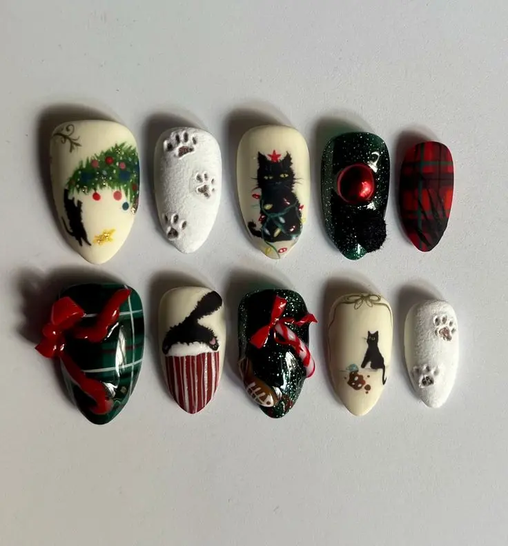 Christmas Black Cat Press On Nails, Jiji Inspired 3D Holiday Handmade False Nails, Plaid Bow Winter Nail Art Set with Free Adhesive Tabs Nail File Cuticle Stick