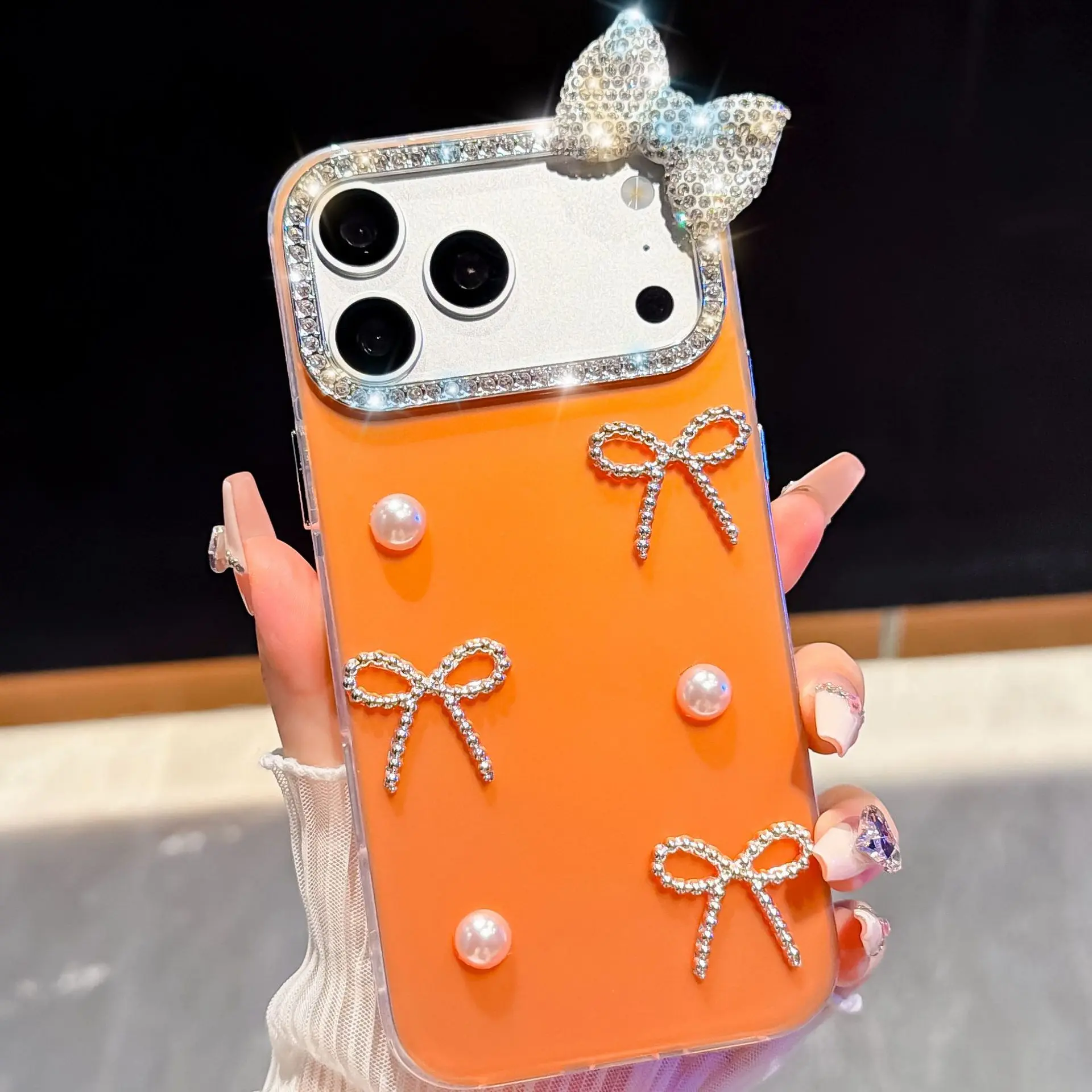 3D Bling Bow Pearl Phone Case for iPhone, Sparkly Rhinestone Camera Frame