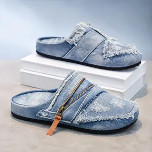 Men’s woven fashion half mules, everyday multifunctional comfortable sport slides, retro-style denim slip-on shoes