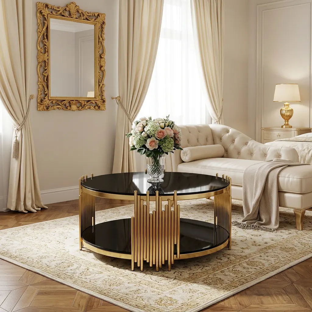 Modern Luxury Round Black Gold Coffee & End Side Table, Double Tier Tempered Black Glass Top with Premium Golden Stainless Steel Frame, Easy Clean & Quick Assembly Contemporary Accent Table, Elegant Couch Center Table for Living Room Bedroom Home