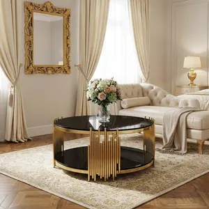 Modern Black Gold Glass Coffee Table with Double Layer Tempered Glass Top Round Design Golden Stainless Steel Base Easy to Clean Assemble Elegant for Living Room Home Office coffee  tables