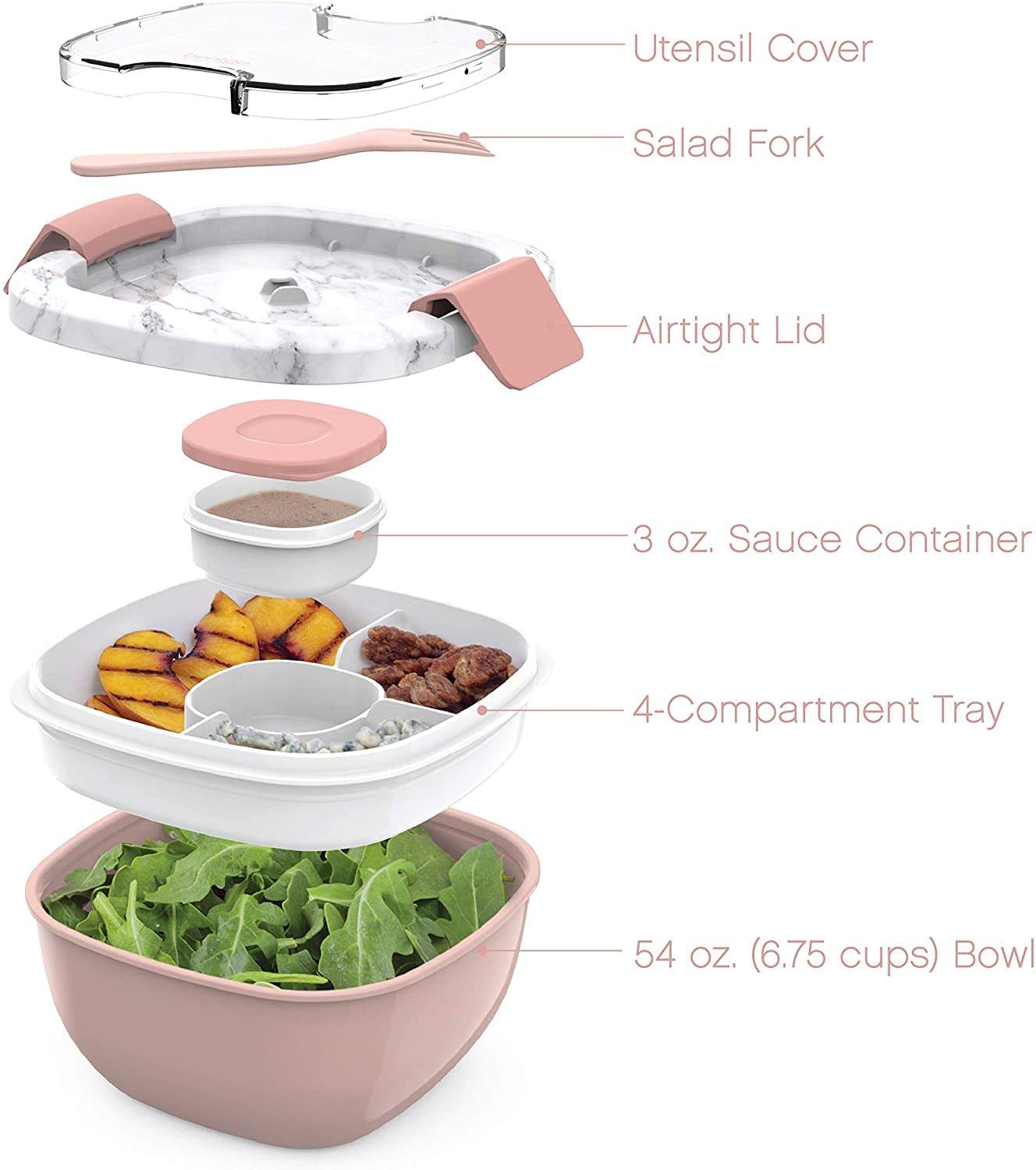 Salad - Stackable Lunch Container with Large Salad Bowl, 4-Compartment Bento-Style Tray for Toppings And Sauce Container Salad - Stackable Lunch Container with Large Salad Bowl, 4-Compartment Bento-Style Tray for Toppings And Sauce Container