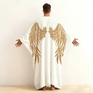 Men's V-Neck Long Sleeve Hoodless Robe, Soft Brushed Cotton Plush Pullover Kaftan with Ethereal Angel Feathered Wings Print, Sleep & Loungewear