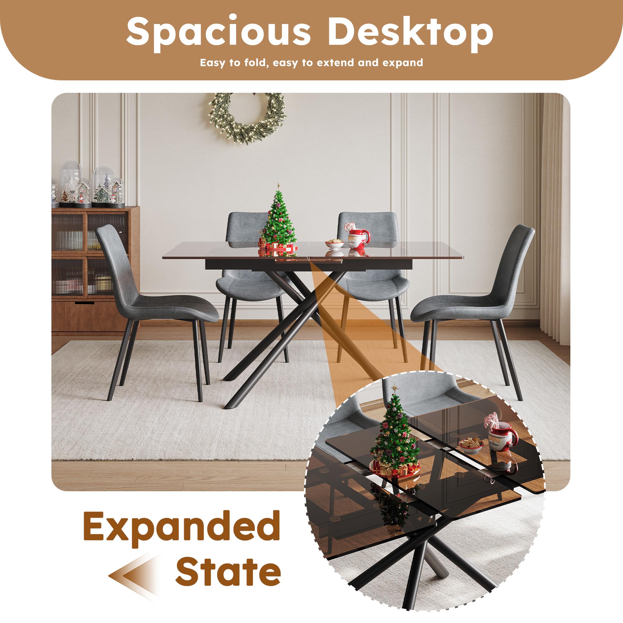 59" Expandable Modern Dining Table with Retractable Leaf, Space Saving Glass Top & Steel X-Base for Small Kitchen Apartment, Dark Brown