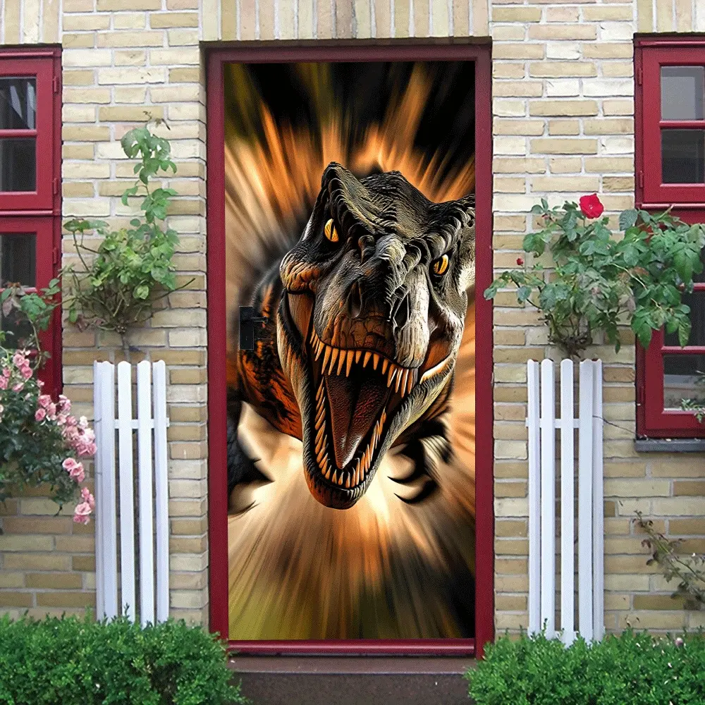 2pcs Jurassic World T-Rex Stereo Wall Sticker Dinosaur Theme Decor for Kids Boys Bedroom Self Adhesive Removable PVC Material Fierce Animal Pattern Home Door Decoration Creative Wall Art Collage Self