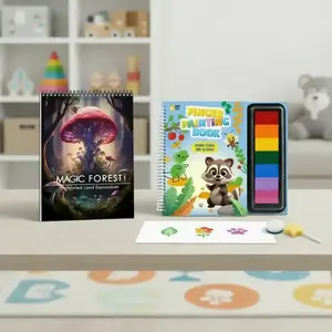 Magic Forest Coloring and Finger Painting Bundle, Purple A4 Paper Coloring Book with Multi-Color Finger Paint Set, Washable Formula with Animal and Flower Pattern Templates