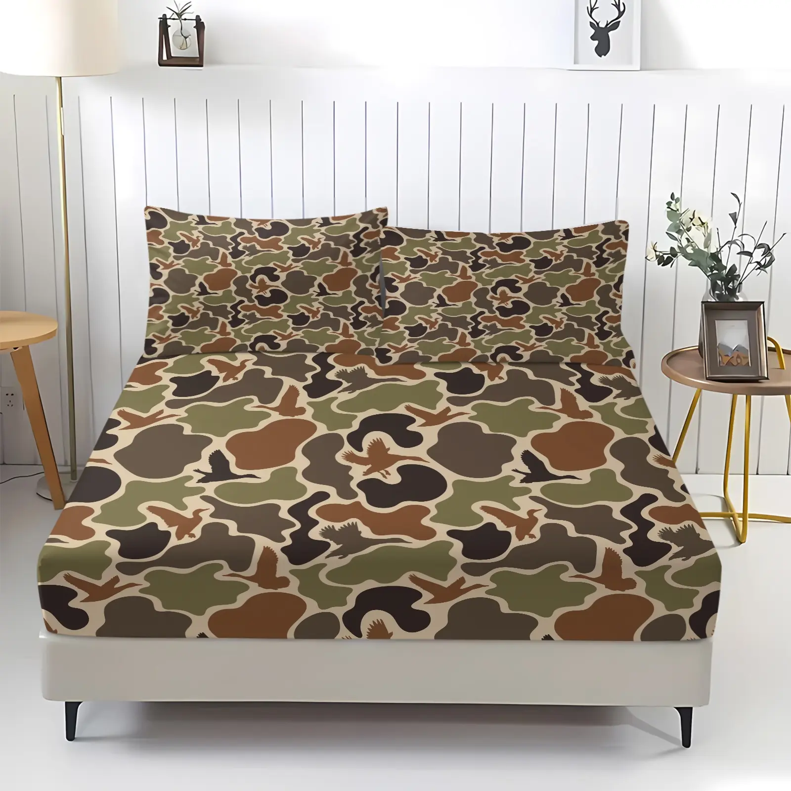 Camouflage Duck Print Fitted Sheet Set of 3, Bed Linens, Including 2 Coreless Pillowcases, Camouflage Style Pattern, Creating A Unique Atmosphere for The Bedroom, Adult Gift, Soft, Comfortable, Durable and Strong Wrapping