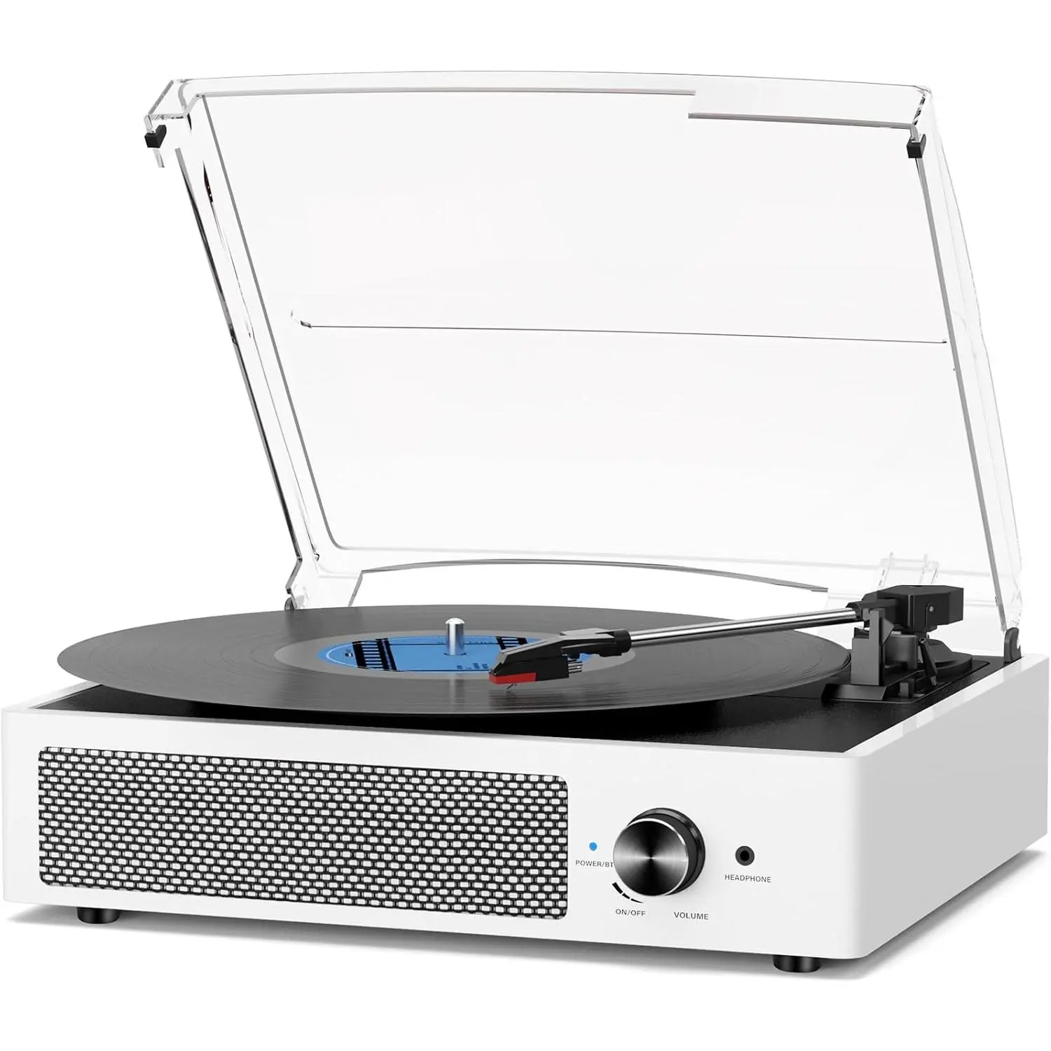 Retro Belt-Driven Anti-Vibration Portable Record Player with Built-in Dual Stereo Speakers, 3-Speed, 3-Size Playback, AUX-In, RCA Out, Headphone Jack, Auto Stop, Stylish White Vinyl Record Player