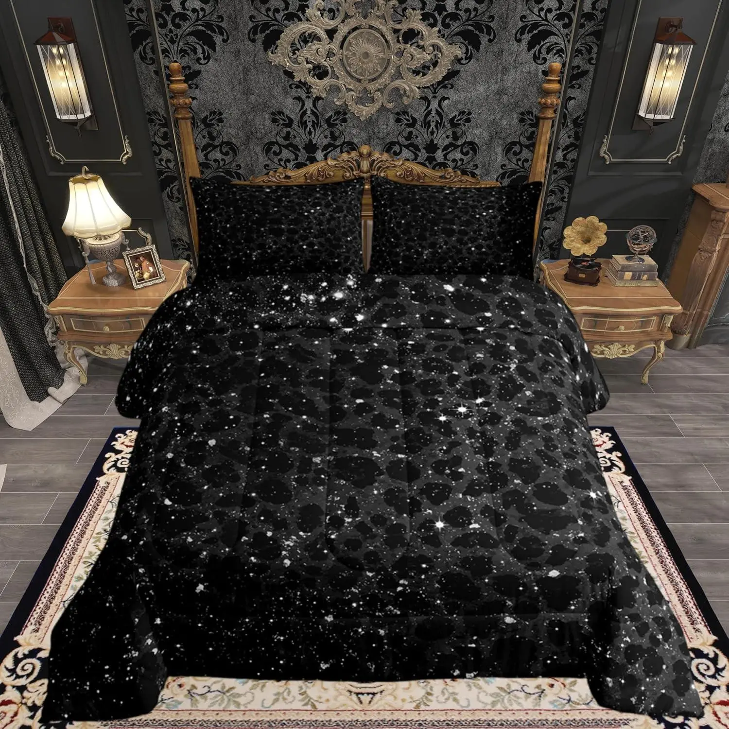 Bright Black Leopard Bedding Set Soft for Boys Girls,Cheetah Comforter Set Animal Print Duvet Quilt Microfiber Leopard Fur Print Bedroom Decor Safari