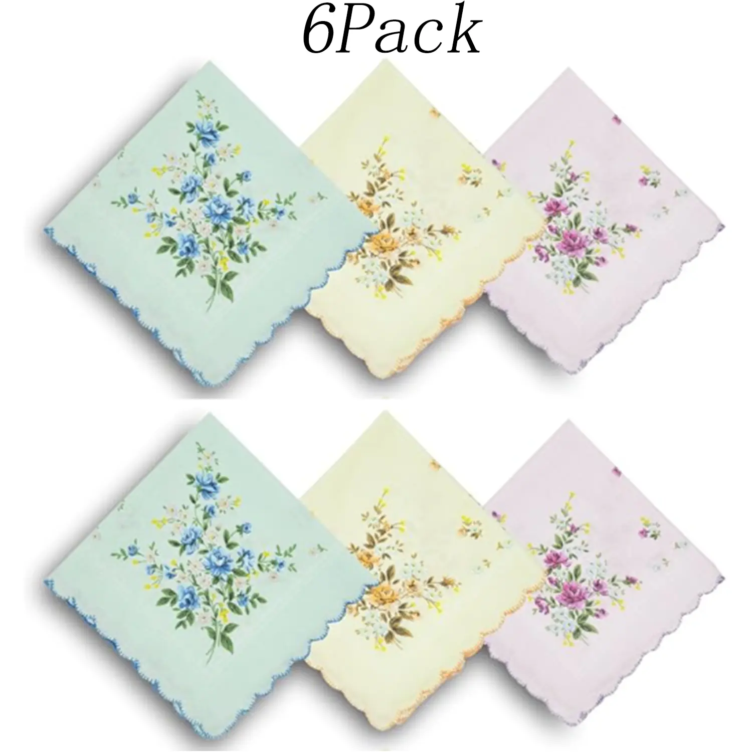 Women's 6-Pack 100% Cotton Handkerchiefs, 11x11in, Assorted Floral Flowers Prints, Dainty Wavy Edges, Absorbent Soft Breathable, Ideal Christmas Gift for Her, Elegant Daily Kitchen Use