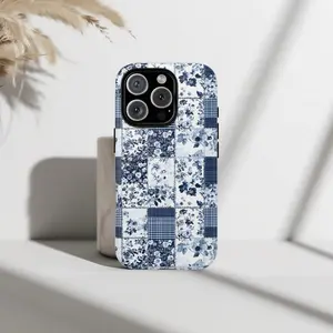 Quilted Floral Phone Case, Blue Denim Cottagecore Patchwork Print, Phone Case for Samsung and iPhone 17, 16, 15, 14, 13, 12, 11 Pro Max, X, XR, XS Max, 8, And 7 Plus, Vintage Aesthetic Compatible with Samsung Galaxy S25