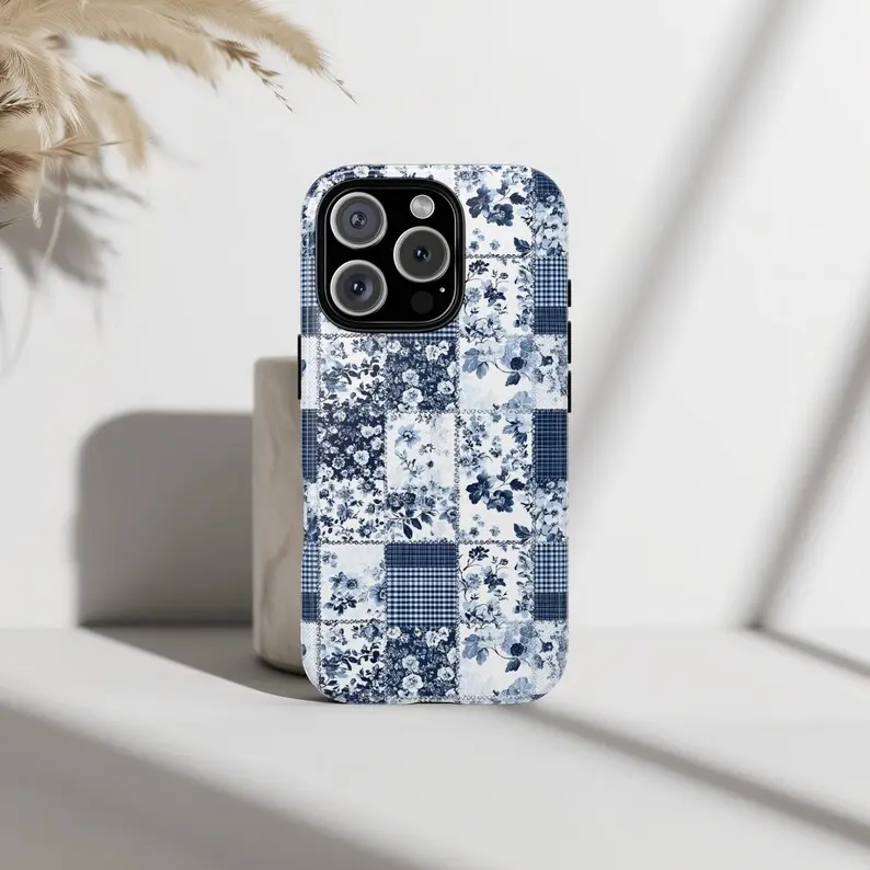 Quilted Floral Phone Case, Blue Denim Cottagecore Patchwork Print, Phone  Case for Samsung and iPhone 17,