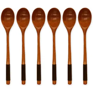 6 count Wooden Spoons for Eating, Muulaii  Soup Spoons Long Handle Spoon with  Style Kitchen Utensil for Korean  Cooking Mixing Stirring Honey  Soda Dessert Coconut Bowl- 9 Inch