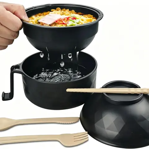 1-4 Pack Durable BPA-Free Wheat Straw Microwave Ramen Bowl Set with Lid, Cutlery, Dishwasher-Safe Tableware, Phone-Bracket Handle, Everyday Use for College Dorms, Camping (Chopsticks, Spoon, Fork Included)