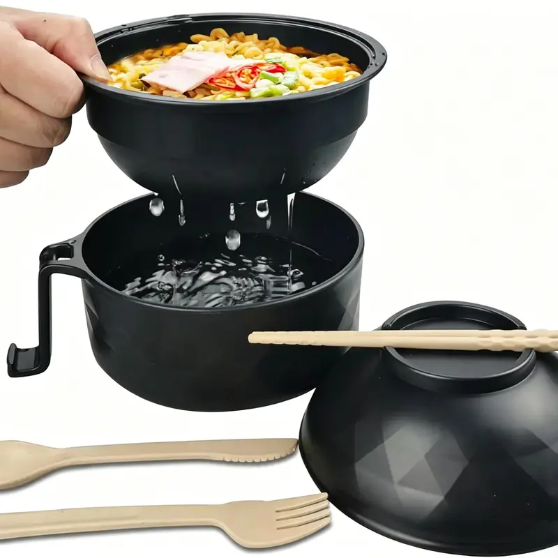 1-4 Pack Durable BPA-Free Wheat Straw Microwave Ramen Bowl Set with Lid, Cutlery, Dishwasher-Safe Tableware, Phone-Bracket Handle, Everyday Use for College Dorms, Camping (Chopsticks, Spoon, Fork Included)