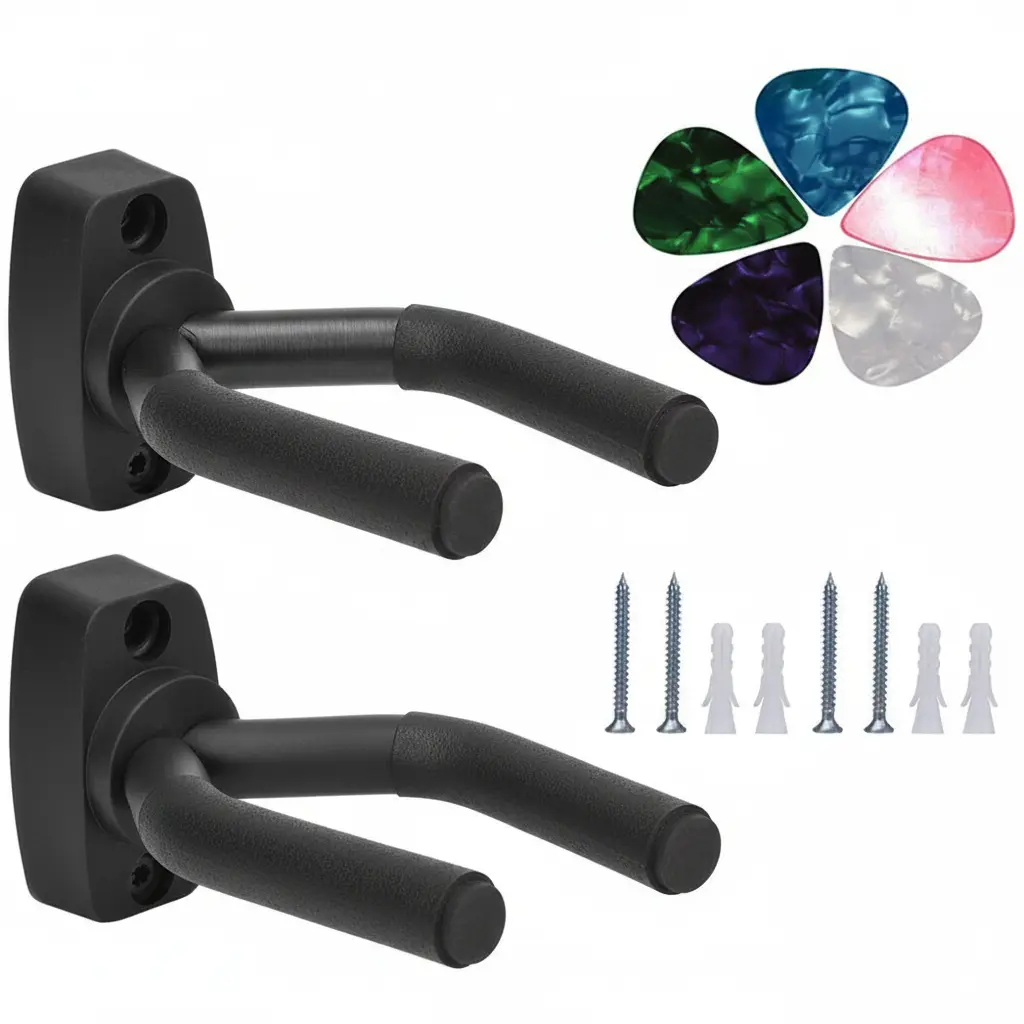 2-Pack Non-Marring Rubber Guitar Holder Wall Mount Stand with Flexible Adjustable Arms, 5 Random Color Picks, Acoustic Guitar Accessories Set for Ukulele & Mandolins, Easy-Install Stand Guitars & Gear Accessories, Easy To Install