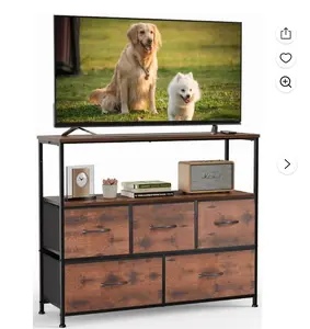 TV Cabinet Stand, 5 Fabric Drawers & Adjustable Feet for Bedroom, Rustic Brown-1