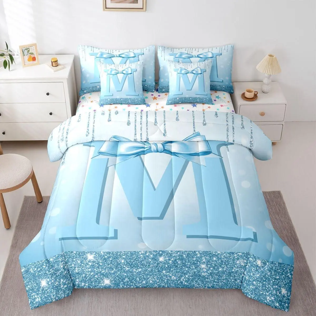 Feelyou 7-Piece Kids Blue Bowknot Bedding Set - Comforter Queen Size for Teens Girls, Princess Initial Comforter with Sheets, Monogrammed Glitter Bow Bag, Personalized Design, Bed Comforter Set